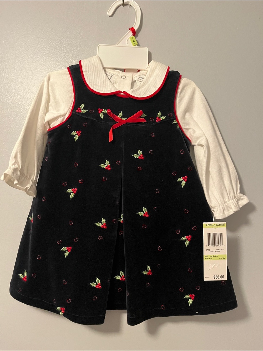 First Impressions Black Velvet Holiday Pinafore with White Shirt and Red Trim